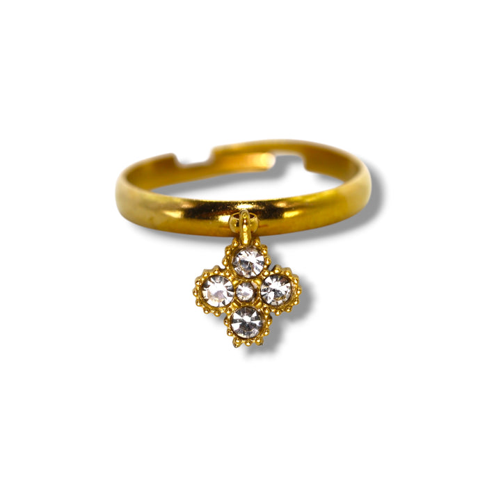 Bague trèfle dorée ajustable avec pierres en zirconium en acier inoxydable ✨
