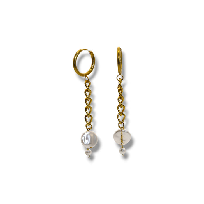 Boucles d’oreilles créoles dorées – Chaîne & perles pendantes ✨