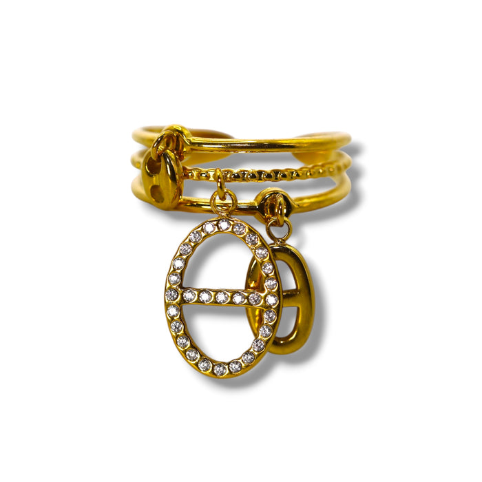 Bague Marine breloque dorée ajustable avec pierres en zirconium en acier inoxydable ✨