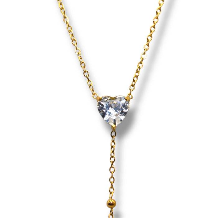 Collier Y Cœur Zirconium Doré - Acier inoxydable ✨