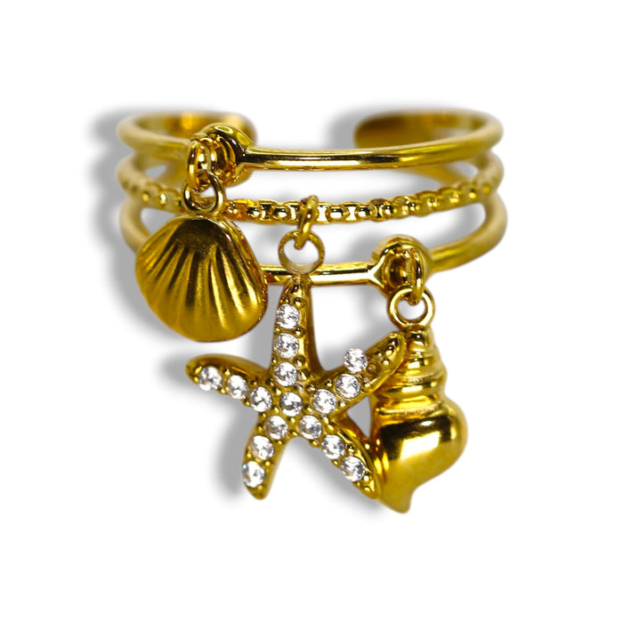Bague breloque dorée ajustable avec pierres en zirconium en acier inoxydable ✨
