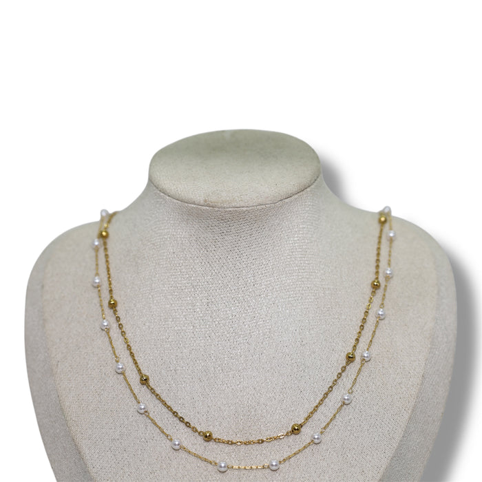 Collier double artisanal fait main – Perles blanches & chaîne dorée ✨