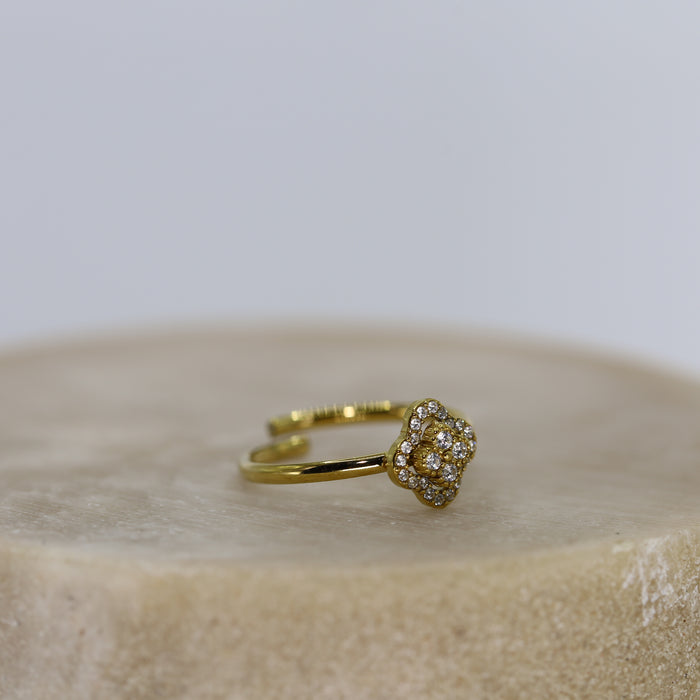 Bague trèfle dorée ajustable avec pierres en zirconium en acier inoxydable ✨