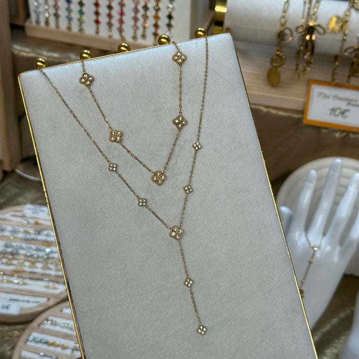 Collier en Y doré – Trèfle en zirconium