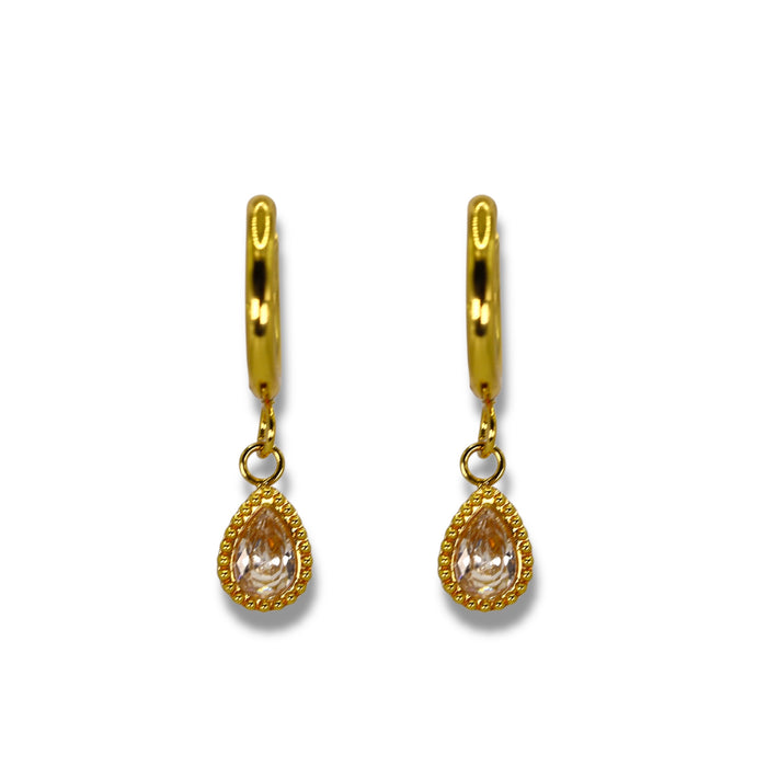 Petites créoles dorées avec pendentif goutte zirconium - Acier Inoxydable ✨