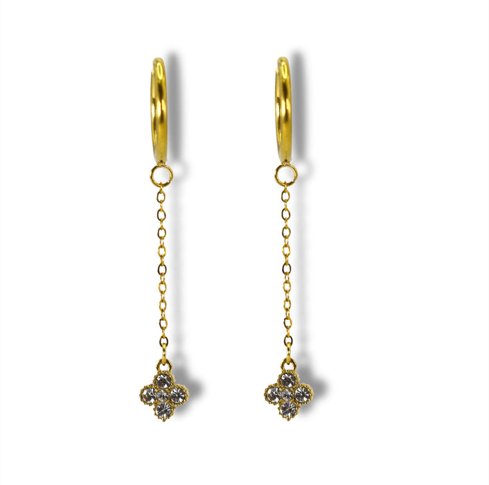 Créoles dorées avec long pendentif trèfle sertie - Acier Inoxydable ✨