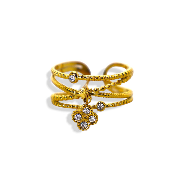 Bague dorée ajustable avec pierres en zirconium en acier inoxydable ✨