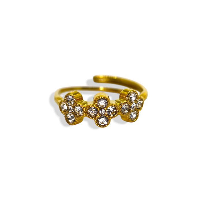 Bague trèfle dorée ajustable avec pierres en zirconium en acier inoxydable ✨