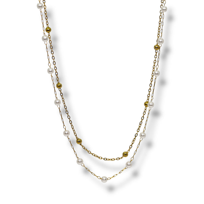 Collier double artisanal fait main – Perles blanches & chaîne dorée ✨