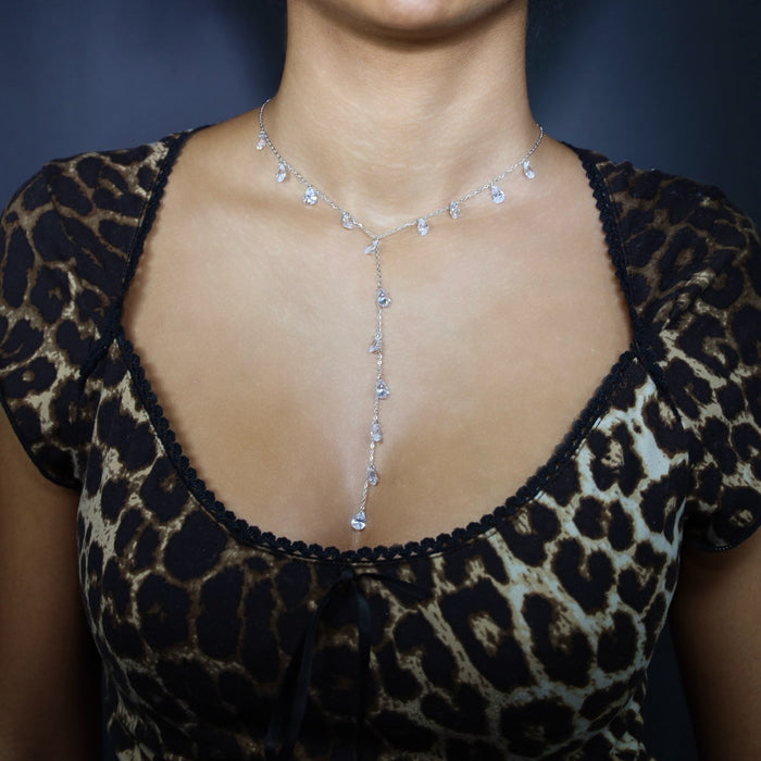 Collier argenté en Y cascade de pierres en zirconium – acier inoxydable