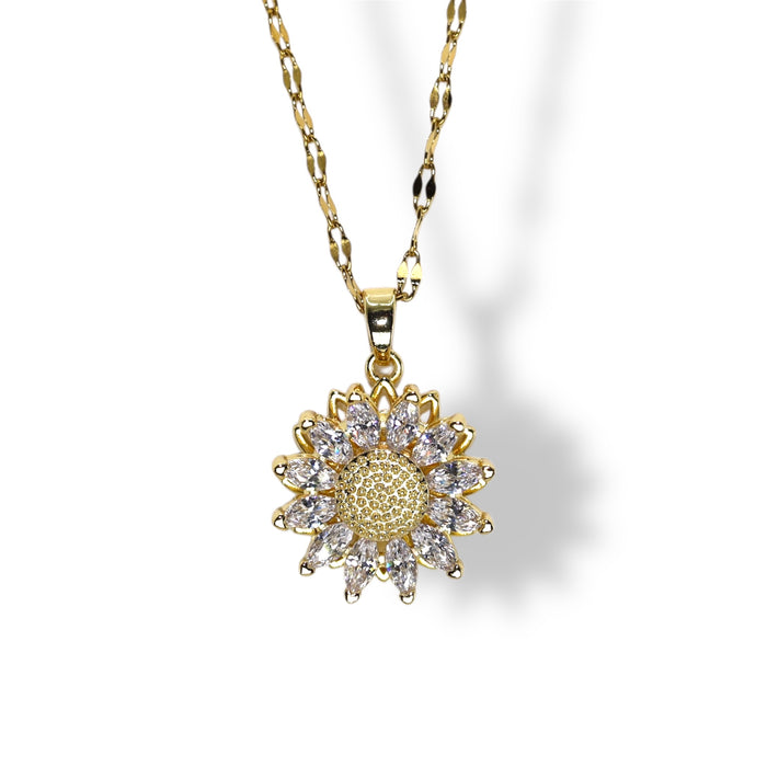 Collier tournesol rotatif – Chaîne scintillante ✨