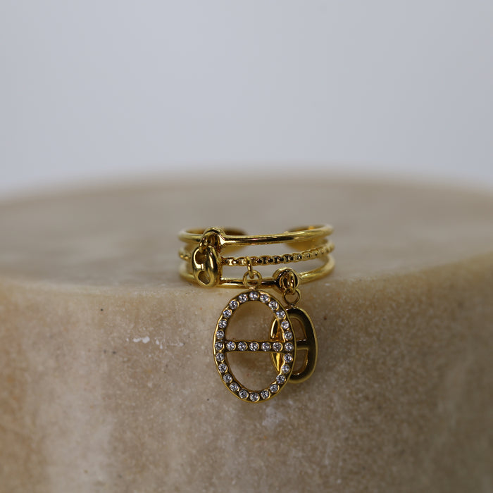 Bague Marine breloque dorée ajustable avec pierres en zirconium en acier inoxydable ✨