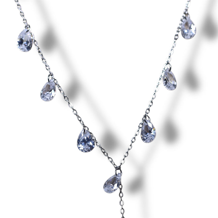 Collier argenté en Y cascade de pierres en zirconium – acier inoxydable
