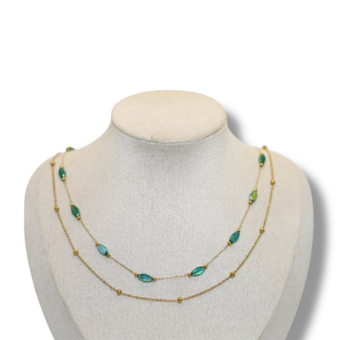 Collier double artisanal fait main – Perles émeraudes ✨