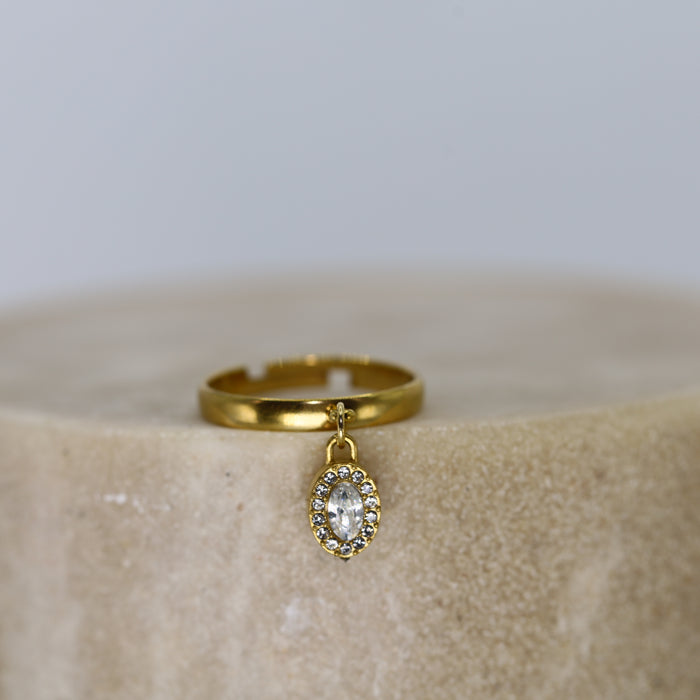 Bague ajustable dorée avec breloque sertie de pierres en zirconium acier inoxydable ✨