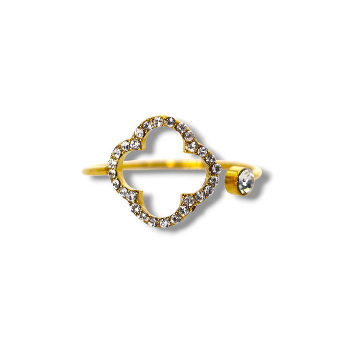 Bague trèfle dorée ajustable avec pierres en zirconium en acier inoxydable ✨