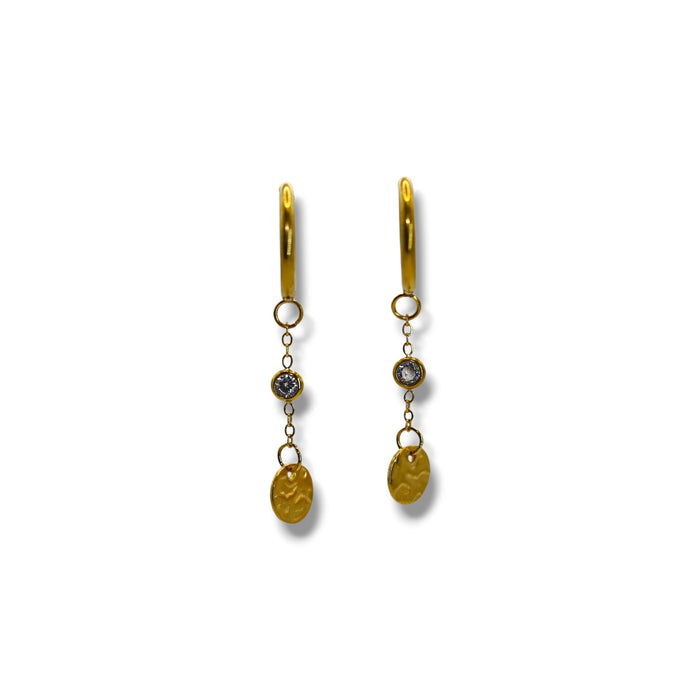 Boucles d’oreilles créoles dorées – Cristal & médaillon martelé ✨