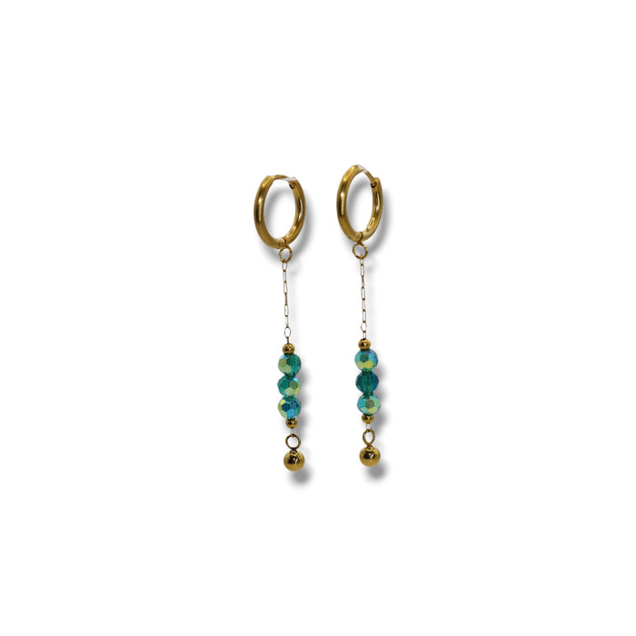 Boucles d’oreilles créoles pendantes – Perles colorées vert émeraude ✨