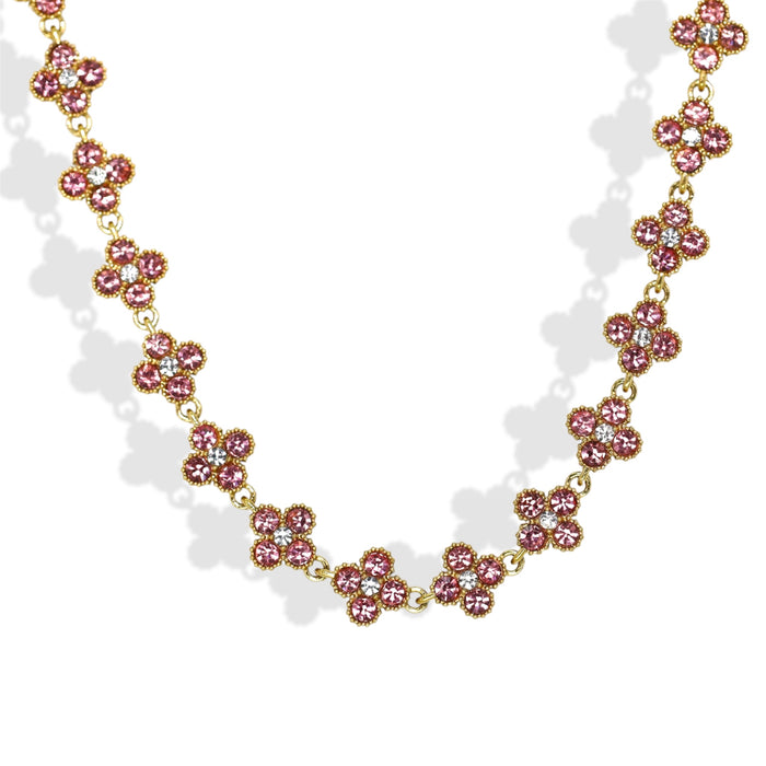 Collier tennis trèfle en acier inoxydable – pierre rose pastel ✨