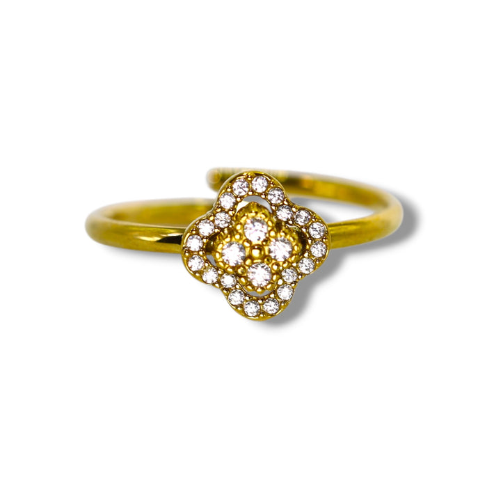 Bague trèfle dorée ajustable avec pierres en zirconium en acier inoxydable ✨