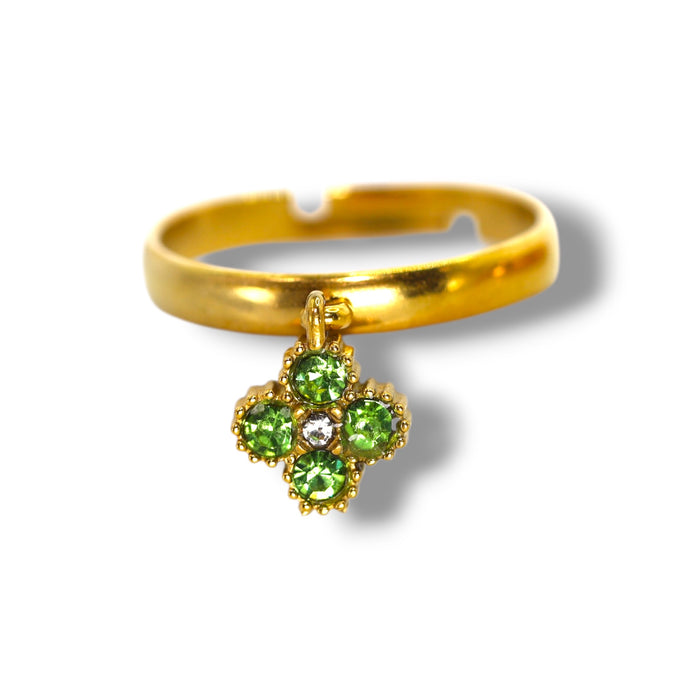 Bague trèfle dorée ajustable avec pierres en zirconium en acier inoxydable ✨