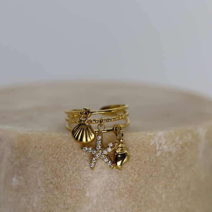 Bague breloque dorée ajustable avec pierres en zirconium en acier inoxydable ✨