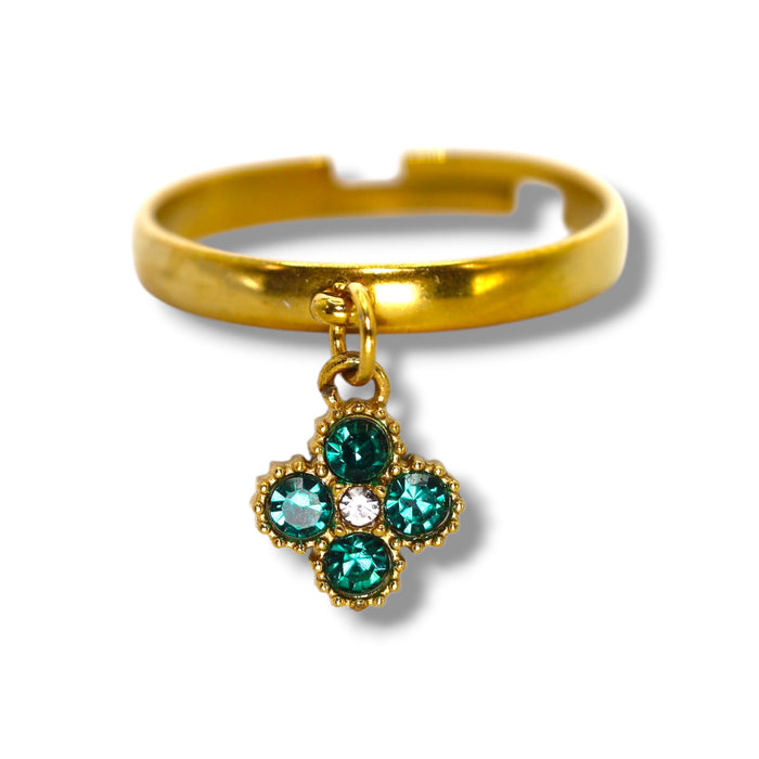 Bague trèfle dorée ajustable avec pierres en zirconium en acier inoxydable ✨