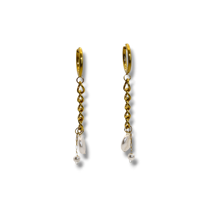 Boucles d’oreilles créoles dorées – Chaîne & perles pendantes ✨