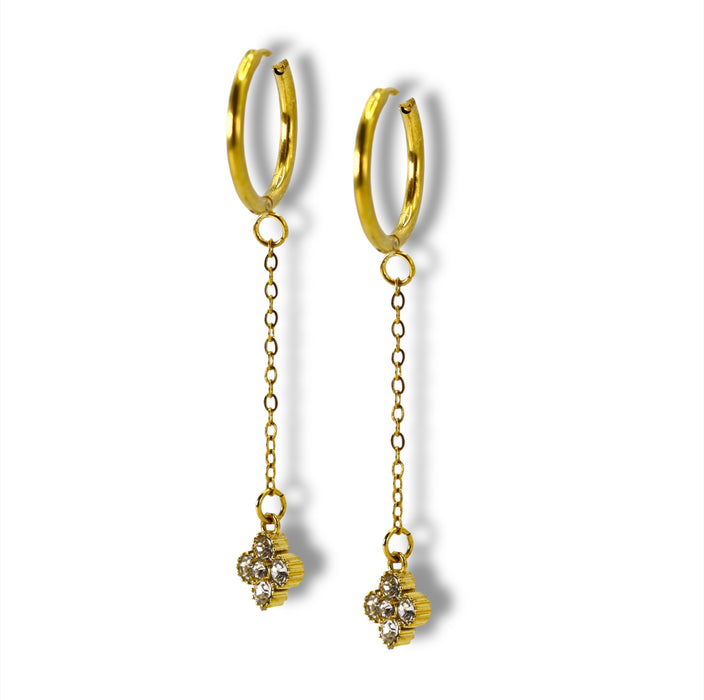 Créoles dorées avec long pendentif trèfle sertie - Acier Inoxydable ✨