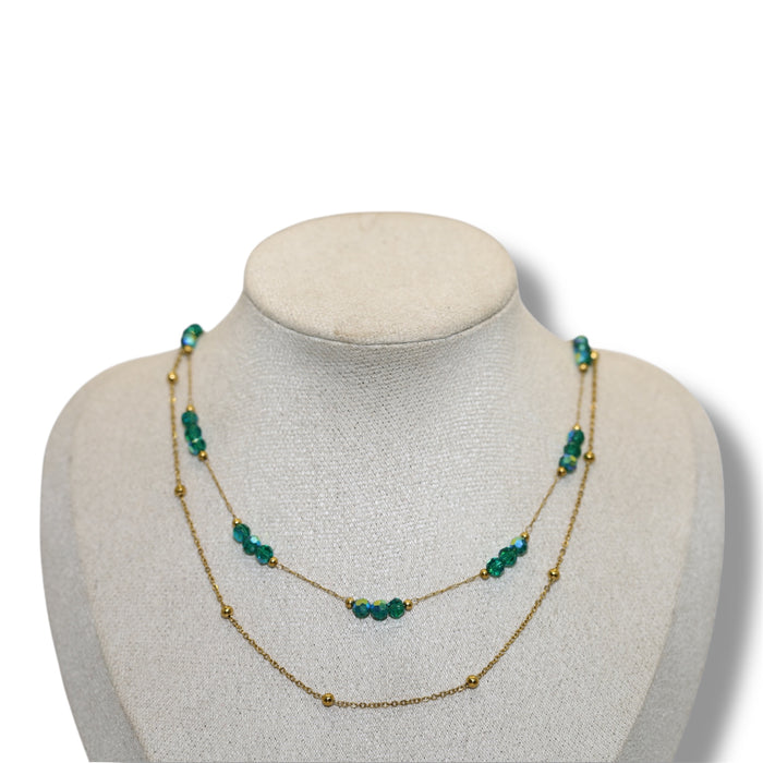 Collier double artisanal fait main – Perles émeraudes ✨