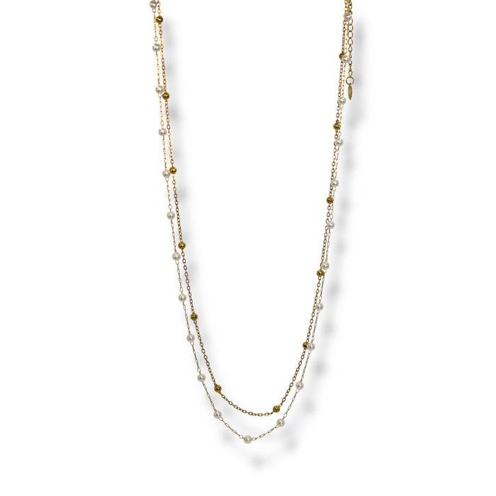 Collier double artisanal fait main – Perles blanches & chaîne dorée ✨
