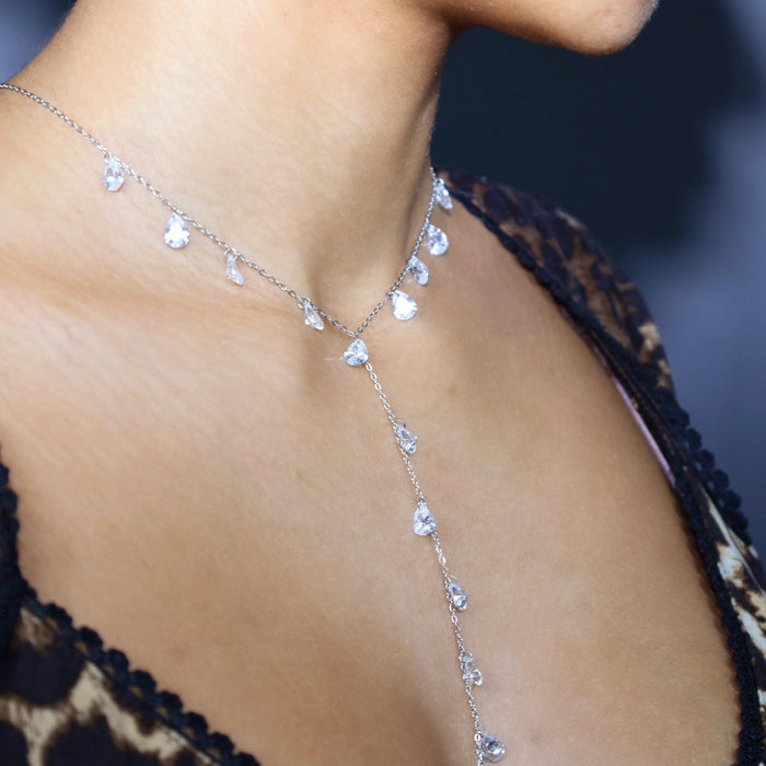 Collier argenté en Y cascade de pierres en zirconium – acier inoxydable