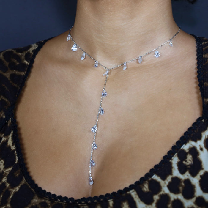 Collier argenté en Y cascade de pierres en zirconium – acier inoxydable