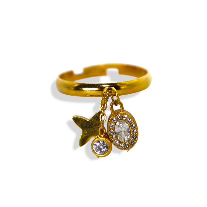 Bague dorée ajustable avec breloque en acier inoxydable ✨