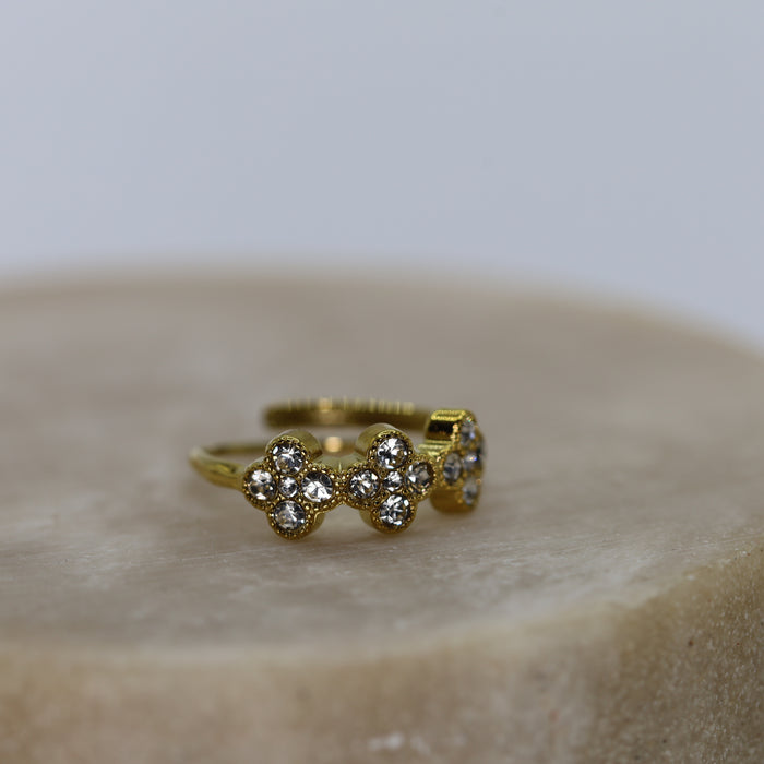 Bague trèfle dorée ajustable avec pierres en zirconium en acier inoxydable ✨