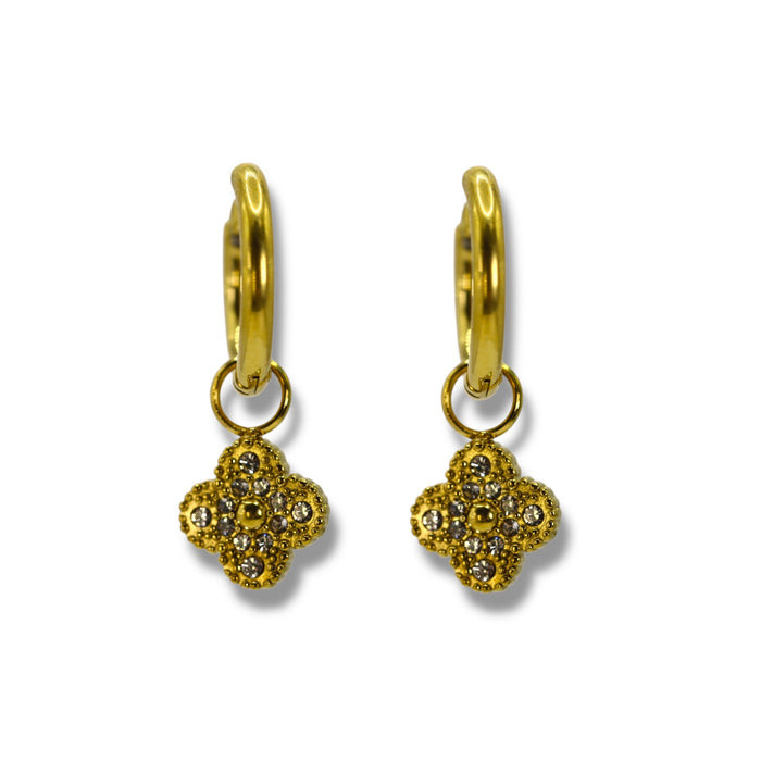 Créoles dorées avec pendentif trèfle sertie - Acier Inoxydable ✨