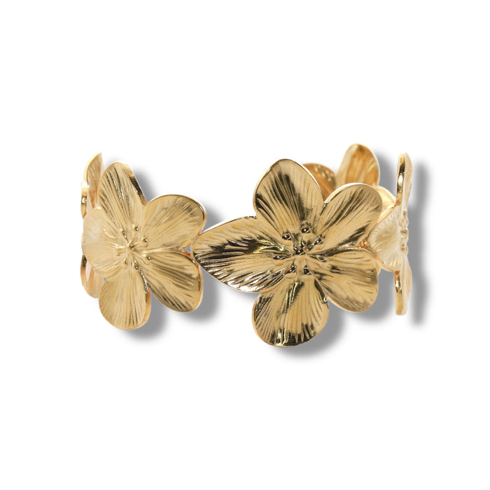 Manchette dorée ajustable – Fleurs sculptées ✨